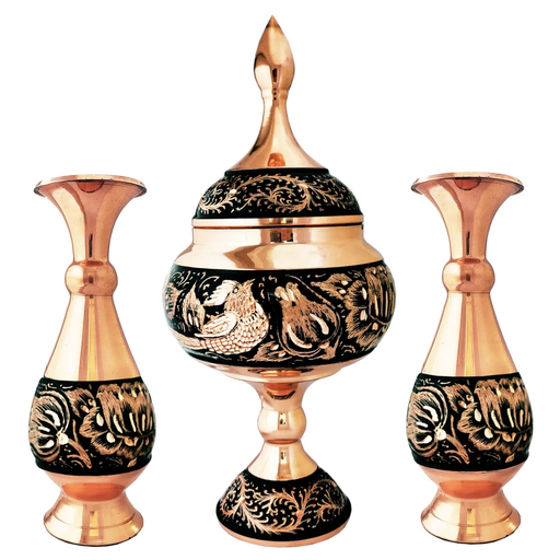 Luxurious 3-Piece Decorative Set – Copper Diamond-Engraved Chocolate Plate and Two Vases